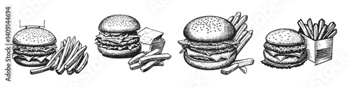 Hand-drawn illustration of burgers and fries in vintage style, logo design, engraving design, vector illustration, logo design, engraving design, vector illustration