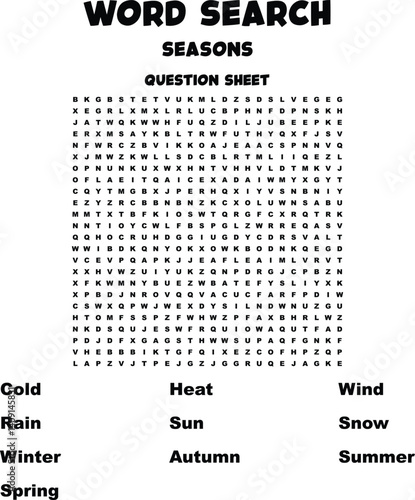 Educational Word Search Puzzle Seasons, Weather, and Nature