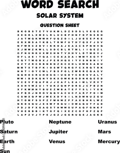 Solar System Word Search Puzzle Educational Question Sheet