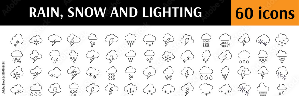 Bundle of Weather Related Line Icons. Lightning, Rain, Snow Outline Signs for Graphic and Web Design, Apps, Adverts, Various Cards Bundle of Weather Related Line Icons. Lightning, Rain, Snow Outline Signs for Graphic and Web Design, Apps, Adverts, Various Cards