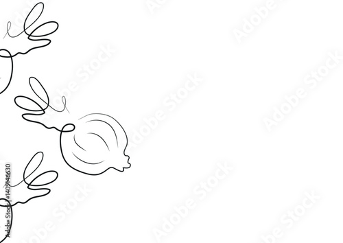 poster with a simple icon of an onion head with greens in line art style, for various designs and patterns