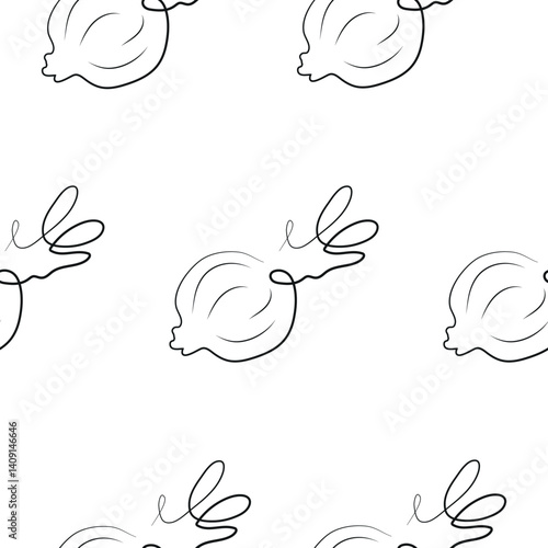 pattern with a simple icon of an onion head with greens in line art style, for various designs and patterns