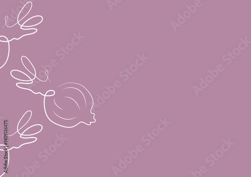 poster with a simple icon of an onion head with greens in line art style on a purple background, for various designs and patterns