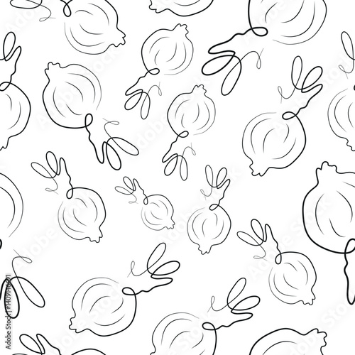 seamless pattern with a simple icon of an onion head with greens in line art style, for various designs and patterns