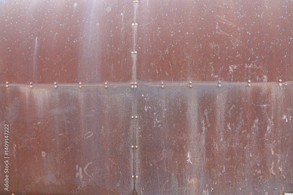 A large metal surface shows significant signs of wear, featuring a rusty texture and visible rivets