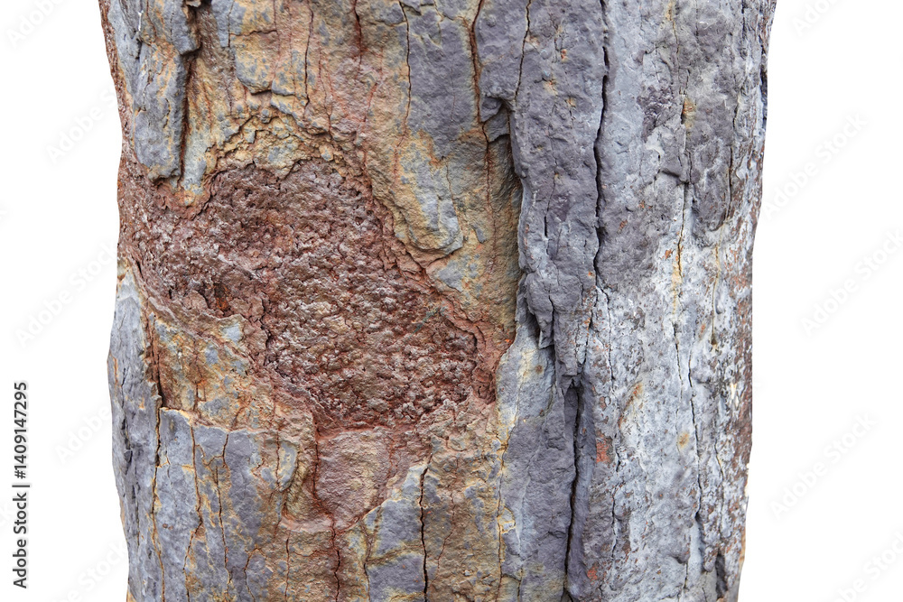 Close-up view of an old rusted iron cannon with weathered and corroded surface details
