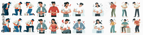 young people stomach ache vector set