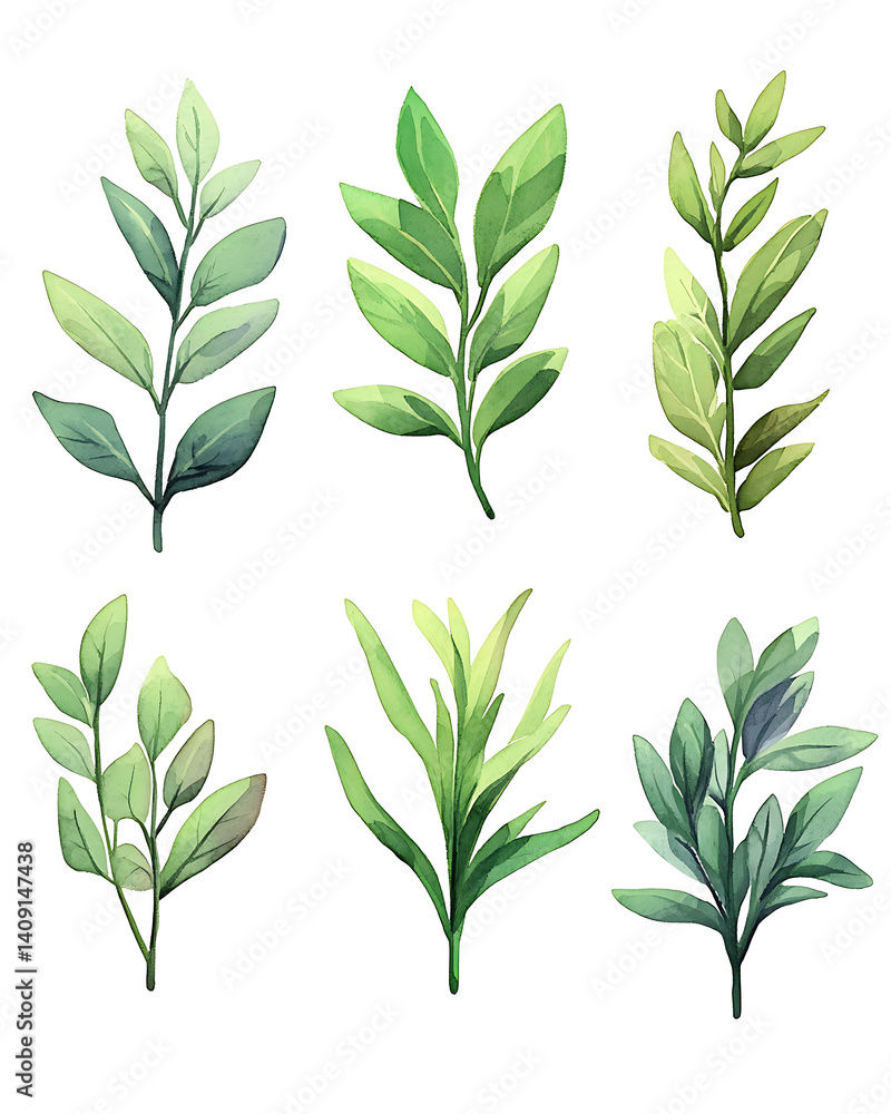 illustrations of various trees, leaves, grasses, and botanical elements on white background. illustrations of various trees, leaves, grasses, and botanical elements on white background.