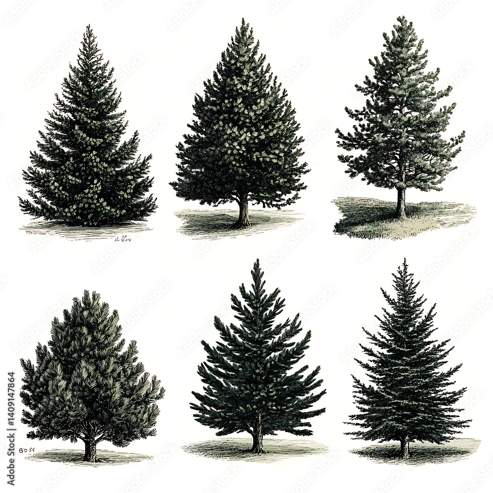 Obraz premium illustrations of various trees, leaves, grasses, and botanical elements on white background.
