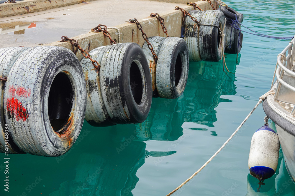Tires hang from a dock, serving as fenders for a boat. Calm turquoise water reflects the dock and surrounding,