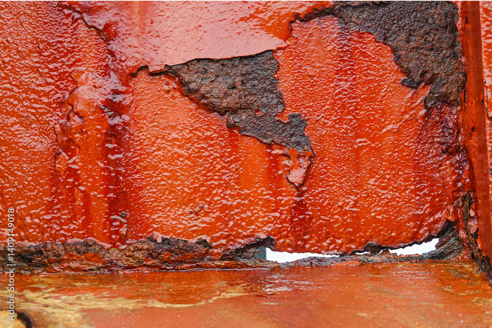 Close-up view of a rusty metal surface featuring layers of peeling red paint, showcasing weathering effects and texture in an outdoor industrial environment
