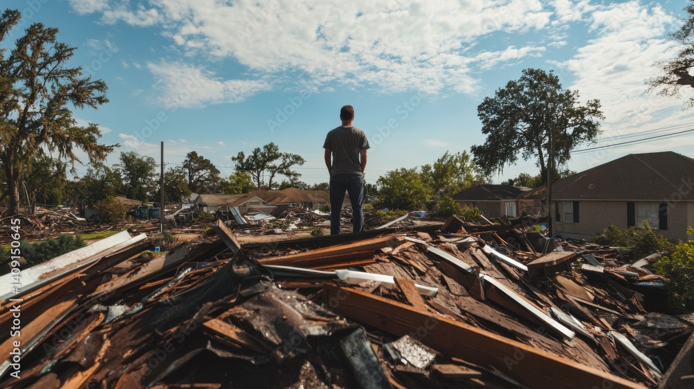 A person standing on a rooftop, surveying the damage caused by a hurricane. Featuring reflection and recovery