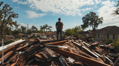 A person standing on a rooftop, surveying the damage caused by a hurricane. Featuring reflection and recovery