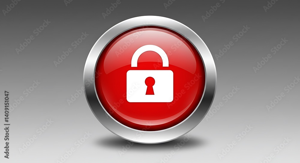 A red button with a silver border displaying a white padlock symbol against a gray background A red button with a silver border displaying a white padlock symbol against a gray background