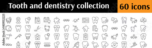 Pack of Dentistry Related Line Icons. Teeth, Dental Floss, Caries, Cleaning Outline Signs for Graphic and Web Design, Apps, Adverts, Various Cards