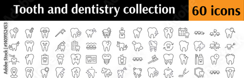 Dentistry Line Icon Pack. Teeth, Dental Floss, Caries, Cleaning Outline Signs for Graphic and Web Design, Apps, Adverts, Various Cards