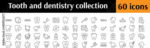 Dentistry Thin Line Icon Set. Teeth, Dental Floss, Caries, Cleaning Outline Signs for Graphic and Web Design, Apps, Adverts, Various Cards