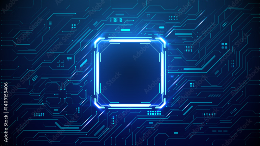Technology quantum blue portal on circuit motherboard with thin line glowing wires. Tech background. Ai chip concept. Abstract light neon square frame HUD. Computer digital bg. Vector illustration