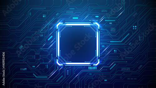 Technology quantum blue portal on circuit motherboard with thin line glowing wires. Tech background. Ai chip concept. Abstract light neon square frame HUD. Computer digital bg. Vector illustration