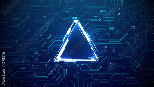 AI triangle light glowing portal with neon design elements on circuit board technology background. Artificial intelligence concept. Futuristic HUD frame in the center of tech bg. Vector illustration.
