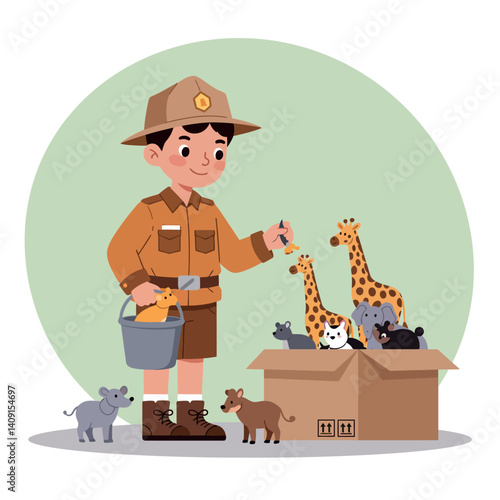 A young zookeeper in a brown uniform gently cares for playful animals with a cheerful expression in a flat vector illustration