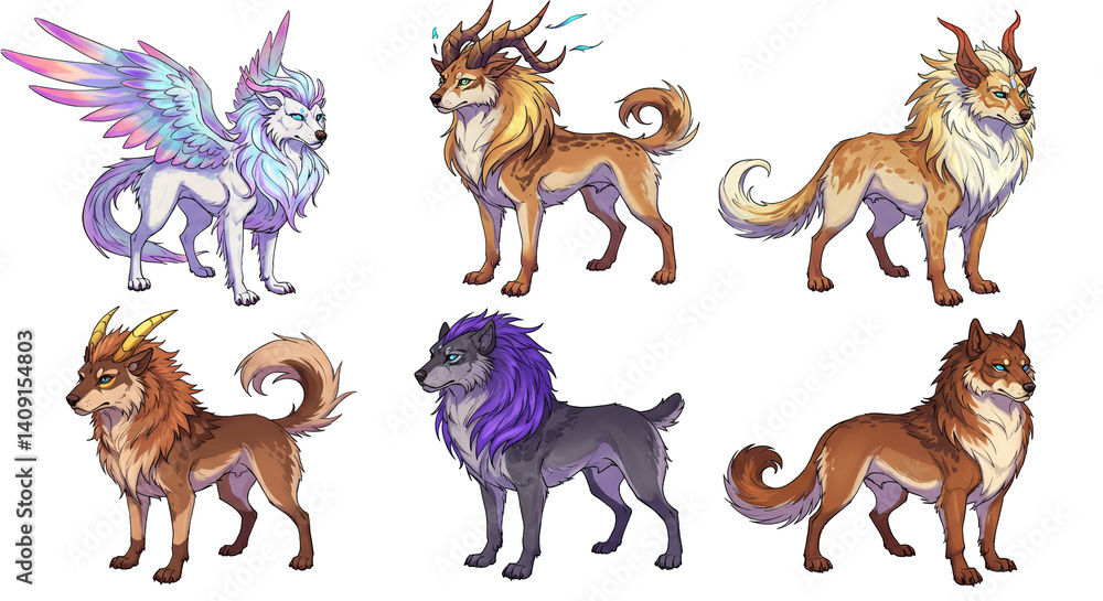 Obraz premium Set of fantasy dogs with different details on white background