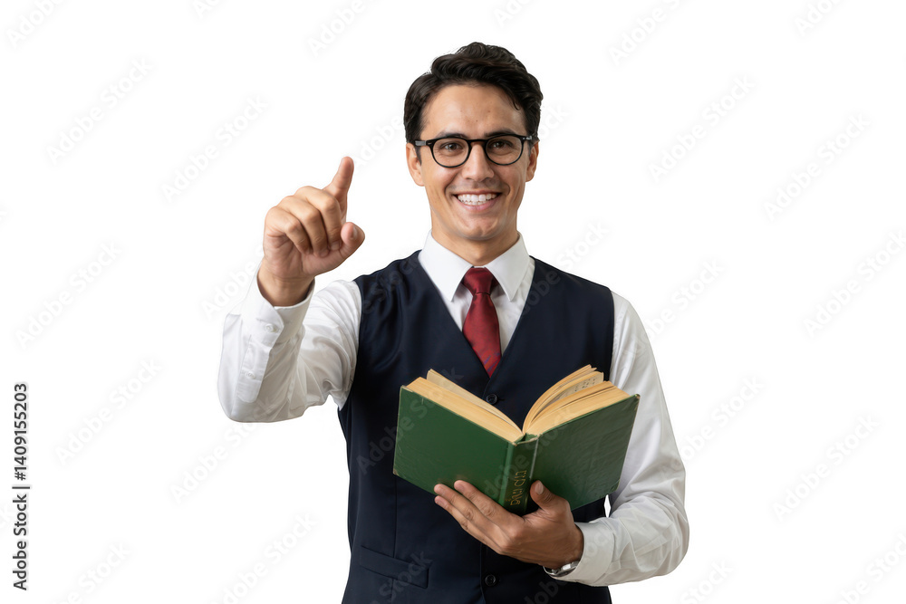 Man with book pointing upward on transparent background Man with book pointing upward on transparent background