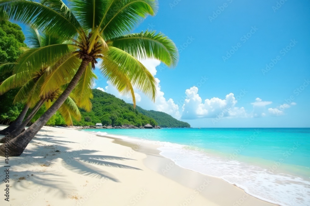 Palm trees sway on a sandy beach with clear blue waters and white foamy waves, blue water, seaside scene Palm trees sway on a sandy beach with clear blue waters and white foamy waves, blue water, seaside scene
