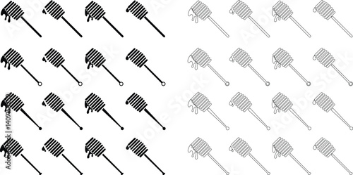 Honey dipper stick with dripping honey icon set silhouette, smooth texture and glossy appearance. in studio food photography with nature elements, isolated on transparent background, for food or taste