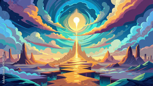 A surreal journey through an ethereal landscape of clouds, illuminated by piercing sunlight on a light background.