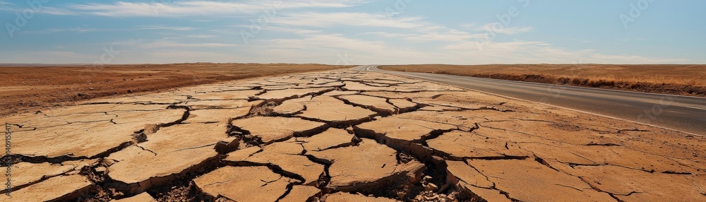 Desolate Post-Apocalyptic World of Destruction and Isolation, Barren landscape with cracked earth under a clear sky, showcasing drought conditions.