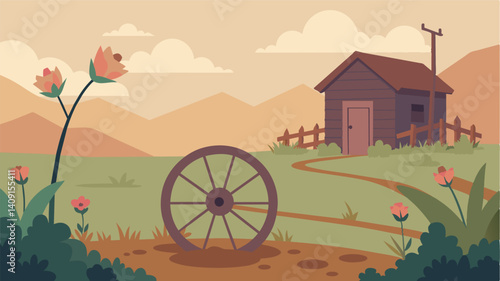 In a deserted farmhouse yard a discarded plow wheel serves as a makeshift planter for wildflowers a peaceful yet sad image of the passing of an era.. Vector illustration