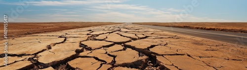 Obraz na płótnie Desolate Post-Apocalyptic World of Destruction and Isolation, Barren landscape with cracked earth under a clear sky, showcasing drought conditions. w salonie