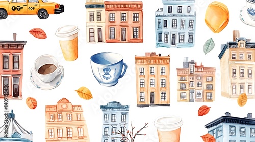 Watercolor autumn NYC scene with buildings, coffee, taxi.