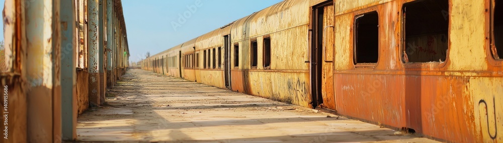 Desolate Post-Apocalyptic World of Destruction and Isolation, Abandoned train carriages lined up in a deserted area under a clear blue sky.