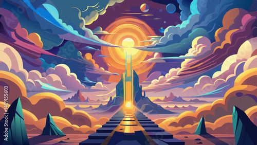 A surreal journey through an ethereal landscape of clouds, illuminated by piercing sunlight on a light background.