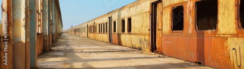 Desolate Post-Apocalyptic World of Destruction and Isolation, Abandoned train carriages lined up in a deserted area under a clear blue sky.