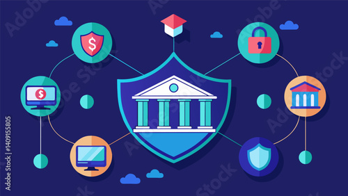 A virtual private network VPN being utilized within a banks network to prevent external attacks and maintain the privacy of customer data.. Vector illustration