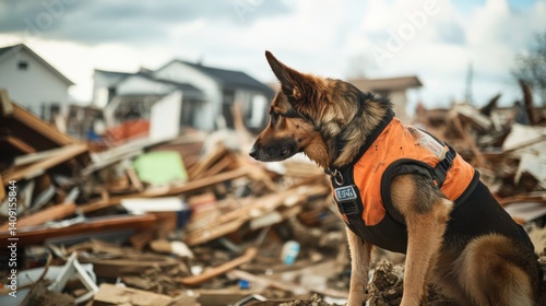 Obraz na płótnie A rescue dog wearing a vest, assisting in a disaster zone after a hurricane. Featuring courage and help w salonie