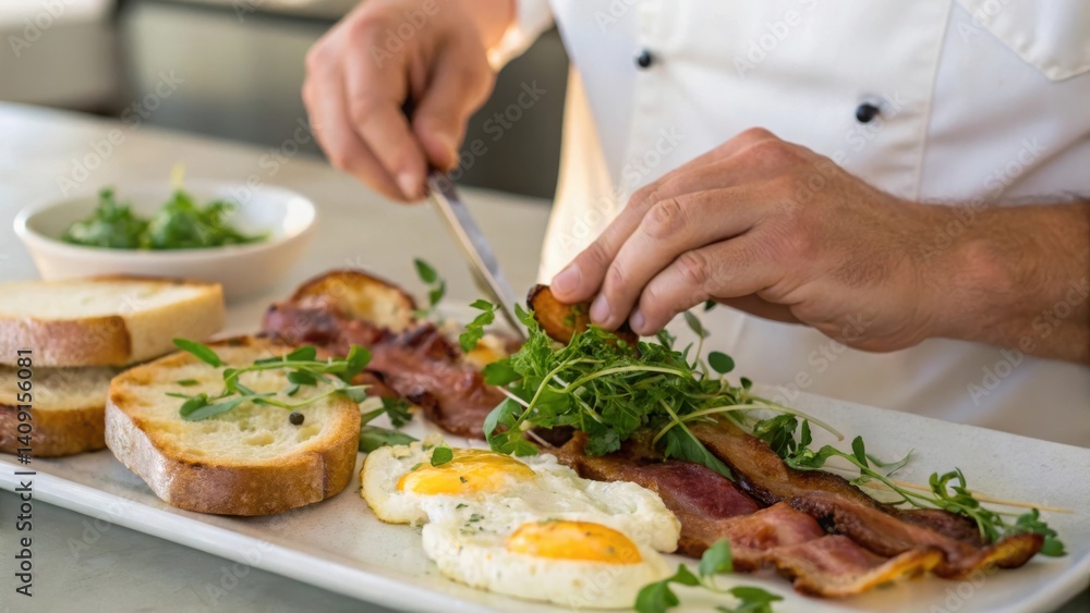 breakfast brunch A chef preparing a gourmet breakfast with eggs, bacon, and fresh herbs on a stylish platter. breakfast brunch A chef preparing a gourmet breakfast with eggs, bacon, and fresh herbs on a stylish platter.