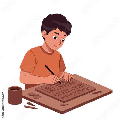 A young boy focused on sculpting clay with tools in a bright, creative space, showcasing a flat design style in vibrant colors, vector illustration