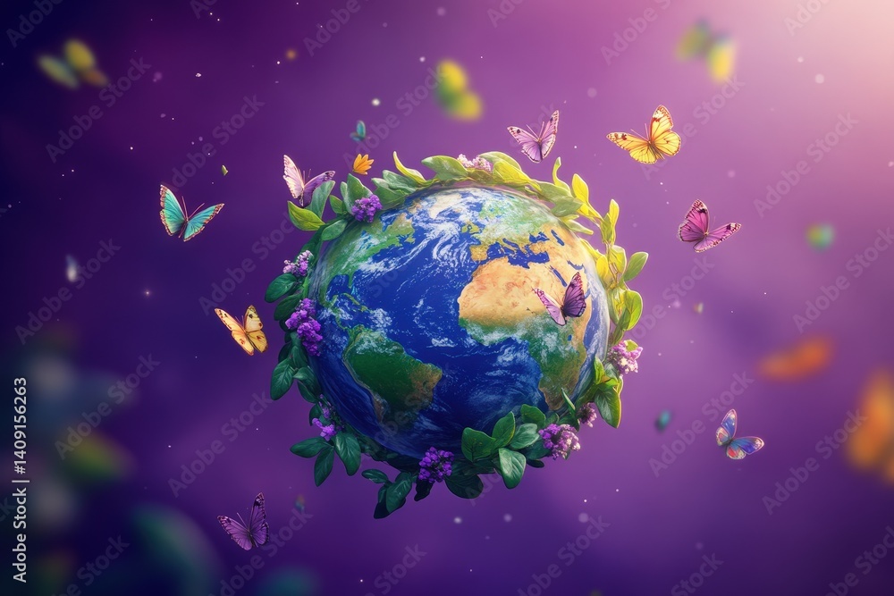 Naklejka premium Earth adorned with flowers, plants, and butterflies, a vibrant cosmic scene.