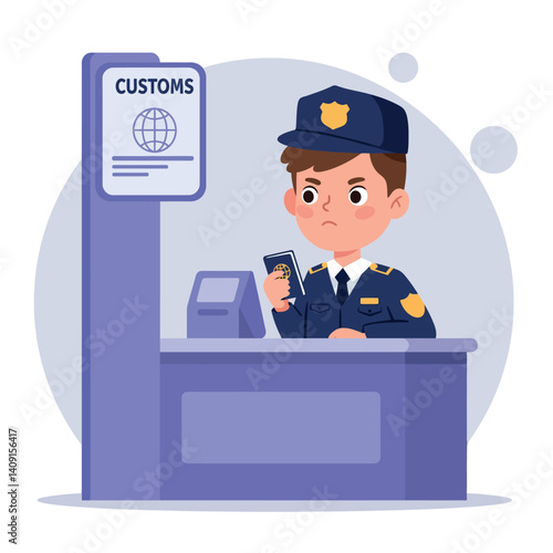 Customs officer in blue uniform at inspection desk with serious expression, minimal vector illustration showcasing authority and vigilance in a travel context