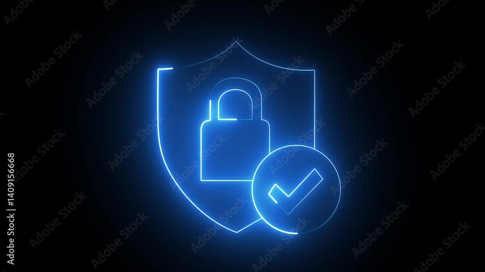 glowing neon blue color lock animation icon security privacy password protection safety animated on black background. 4k motion graphic animation.