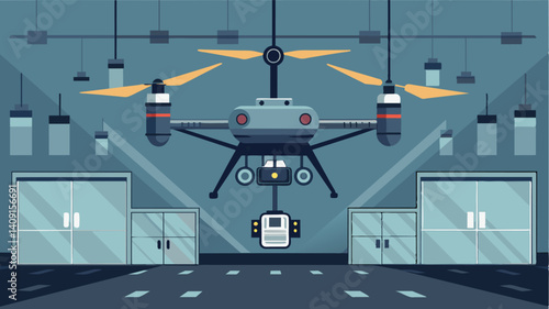 In the maintenance hangar advanced unmanned aerial vehicles use sophisticated cameras and sensors to gather data and pinpoint potential issues on eVTOLs allowing for proactive. Vector illustration