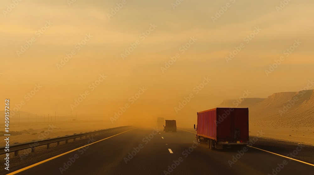 Desolate Post-Apocalyptic World of Destruction and Isolation, Two trucks travel down a deserted highway amid a dusty, golden landscape.
