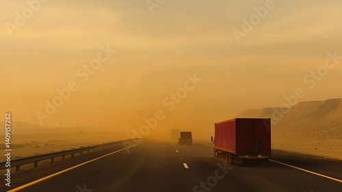 Obraz na płótnie Desolate Post-Apocalyptic World of Destruction and Isolation, Two trucks travel down a deserted highway amid a dusty, golden landscape. w salonie