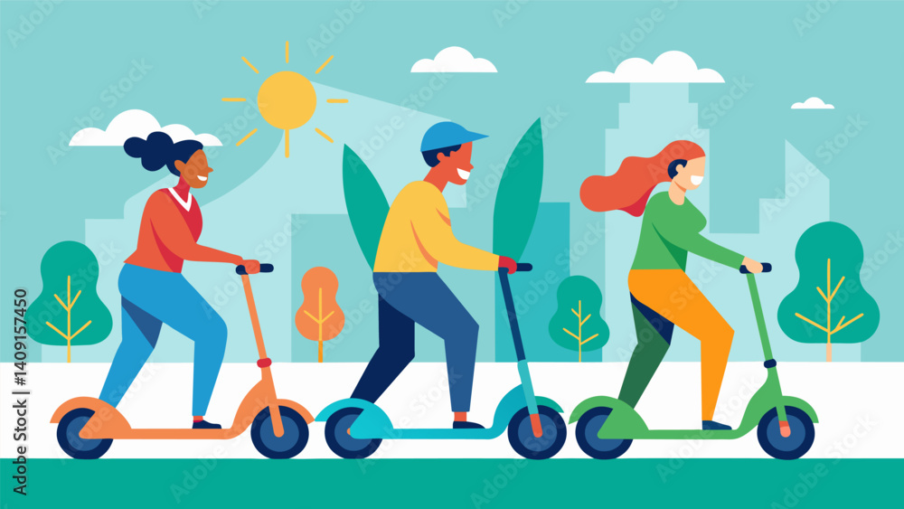 People zoom past on brightlycolored electric scooters their engines humming quietly and leaving behind no carbon footprint.. Vector illustration
