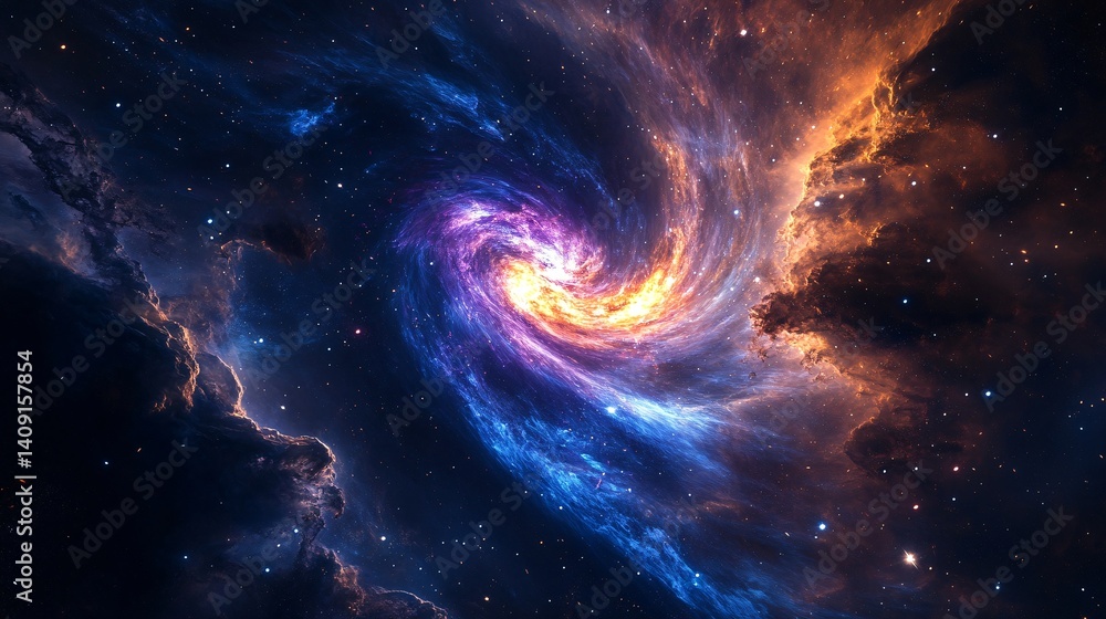 Obraz premium A mesmerizing view of a galactic tornado with stars and glowing trails, rendered as space art for wallpapers and cosmic visuals