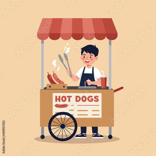 Young vendor joyfully grilling hot dogs at a colorful food cart in a cheerful flat vector illustration